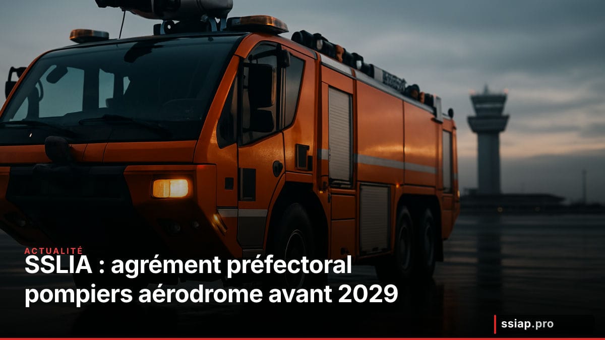 Véhicule de secours aérodrome SSLIA sur tarmac — agrément préfectoral sécurité privée 2029