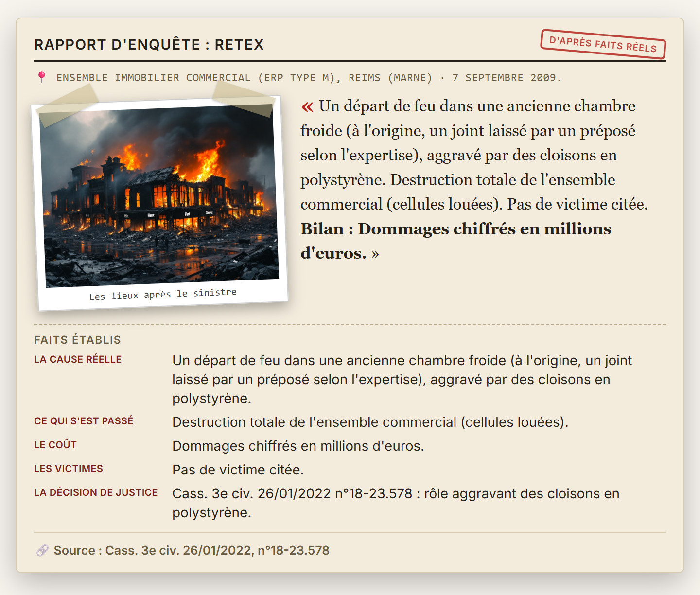 Écran de révélation du défi : un rapport d'enquête avec le bilan chiffré du sinistre