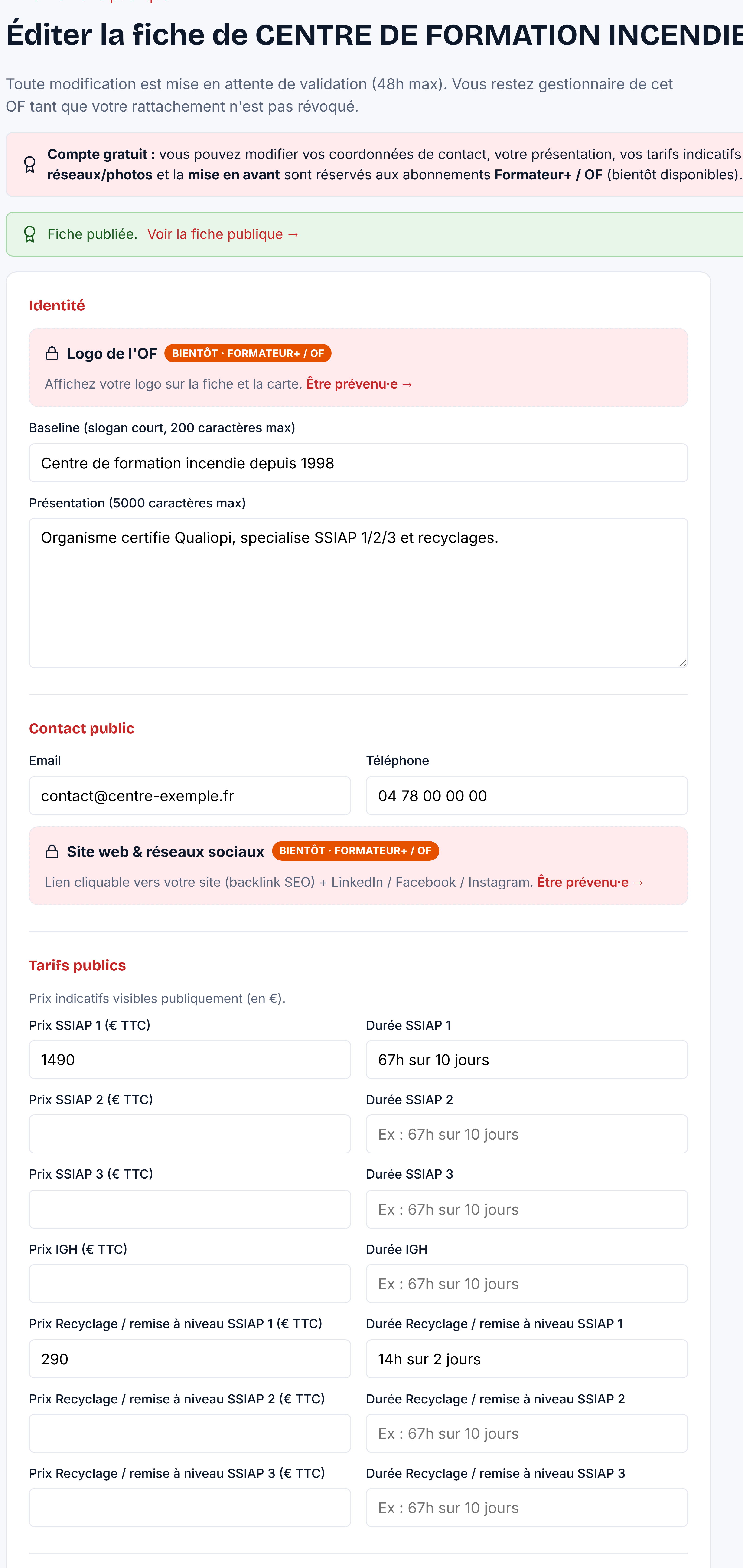 Espace d'édition gratuit de la fiche OF : contact, présentation et tarifs par niveau