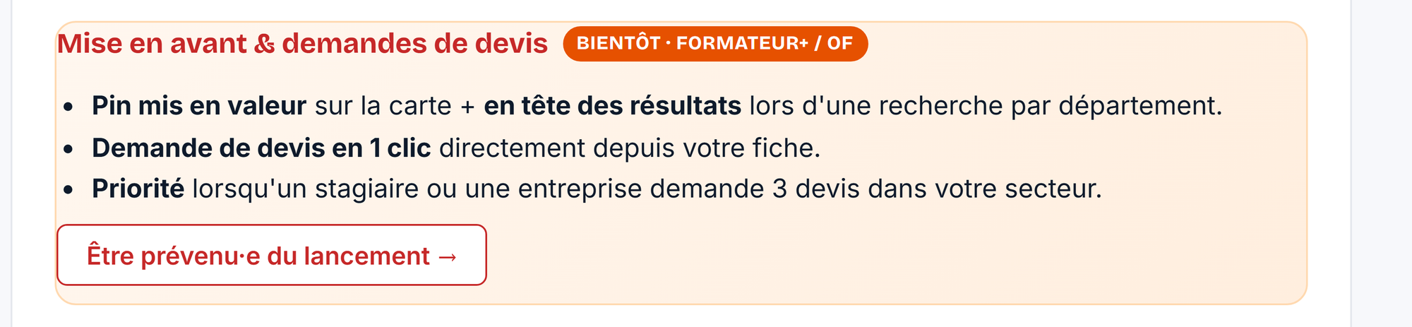 Options de mise en avant et de devis à venir pour les OF