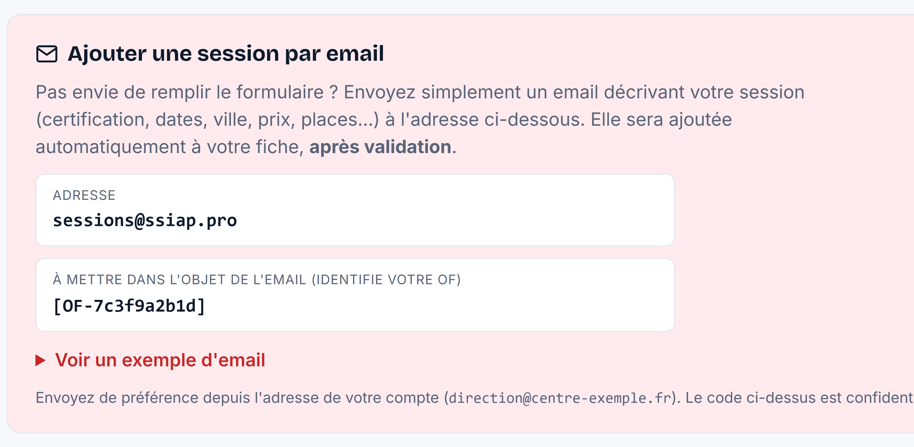 Ajouter une session de formation par simple email à sessions@ssiap.pro