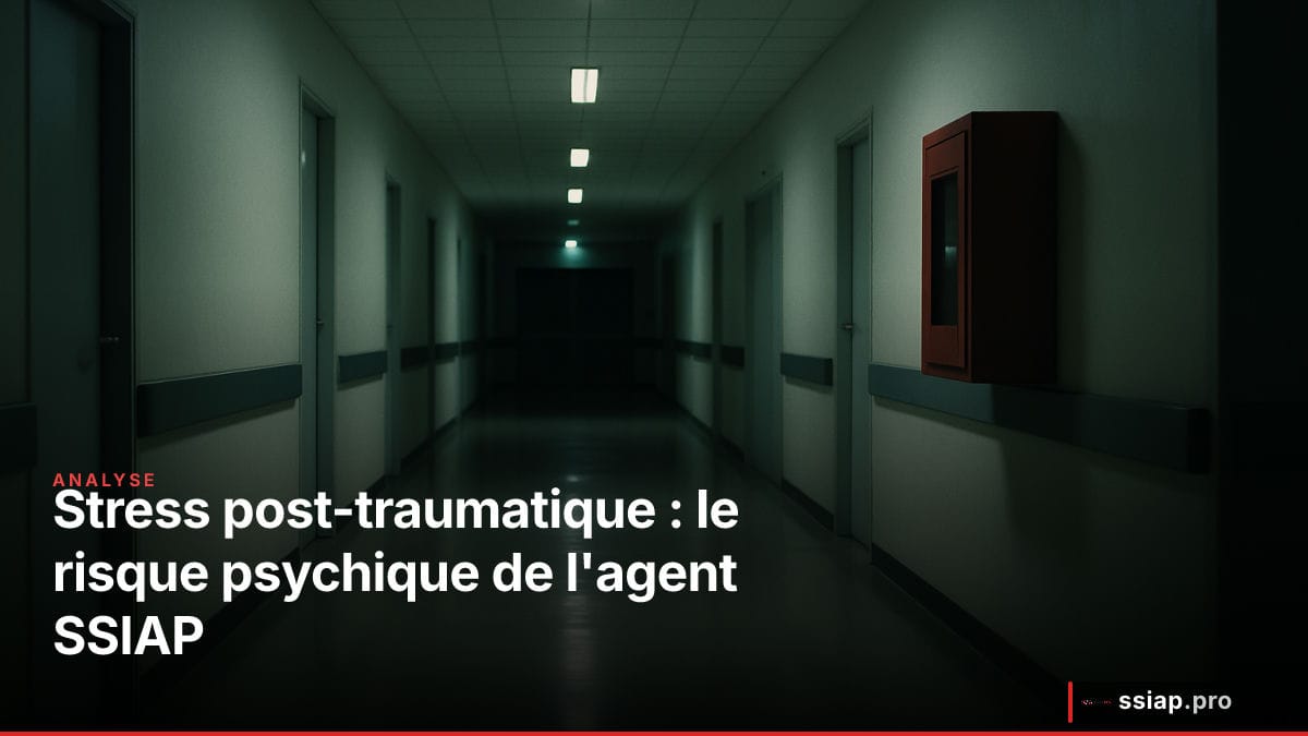 Agent SSIAP épuisé assis dans un couloir vide — stress post-traumatique sécurité incendie