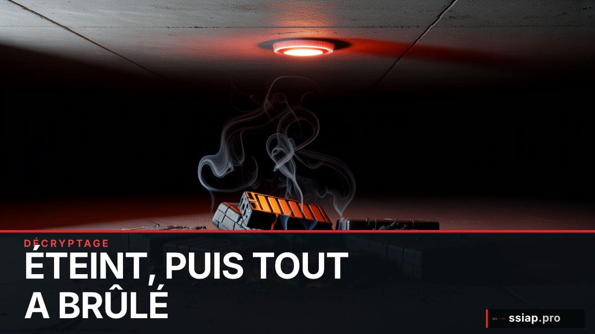 Batteries lithium endommagées sur sol béton en sous-sol — risque incendie sécurité privée SSIAP