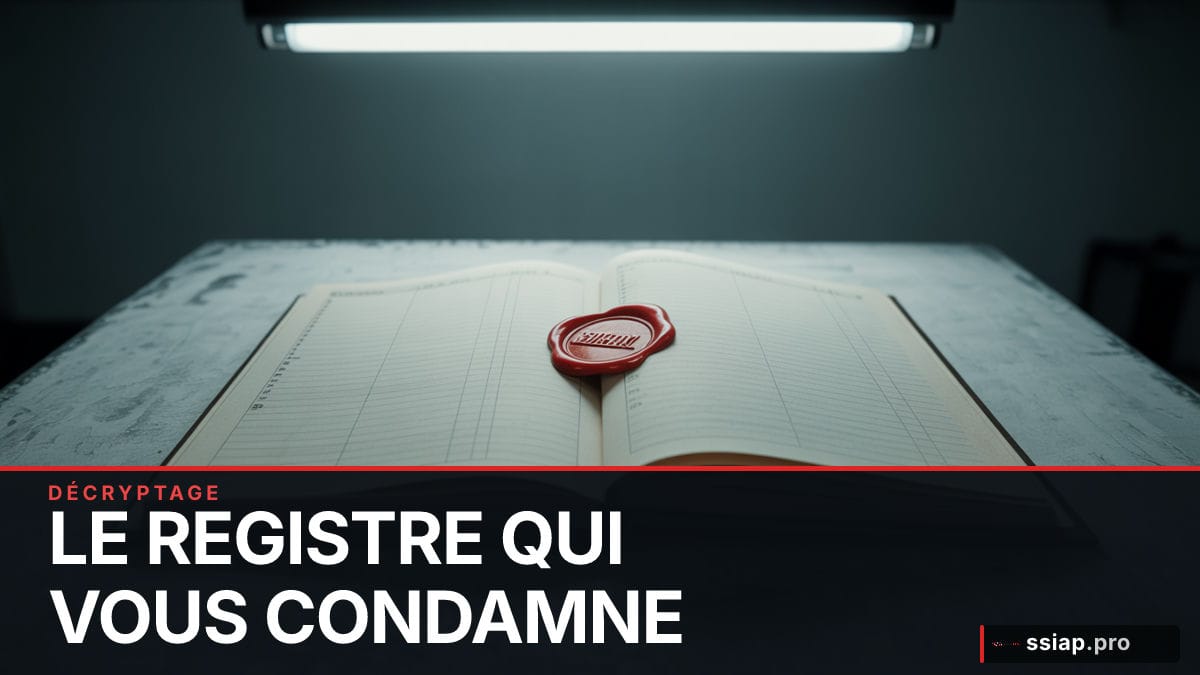 Registre de sécurité ouvert sur un bureau avec tampon rouge - exercice PPMS évacuation ERP