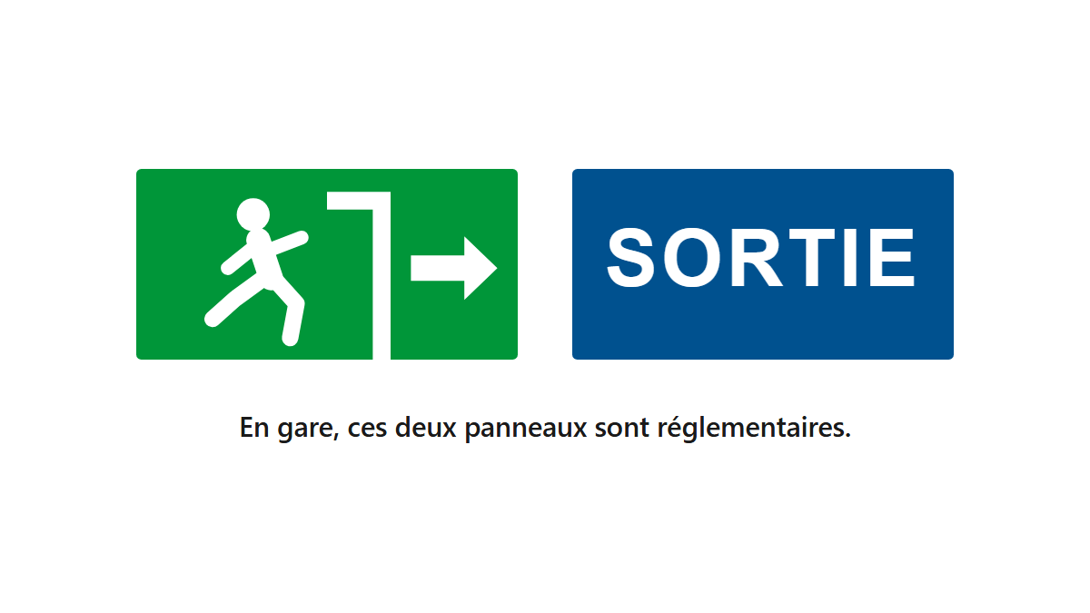 Deux panneaux de sortie cote a cote : l'un vert et blanc, l'autre bleu avec le mot SORTIE.