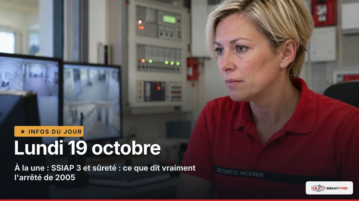 INFOS DU JOUR ssiap.pro, Lundi 19 octobre : SSIAP 3 dans un PC sécurité, entre supervision incendie et contrôle des écrans, sans mission de sûreté visible.