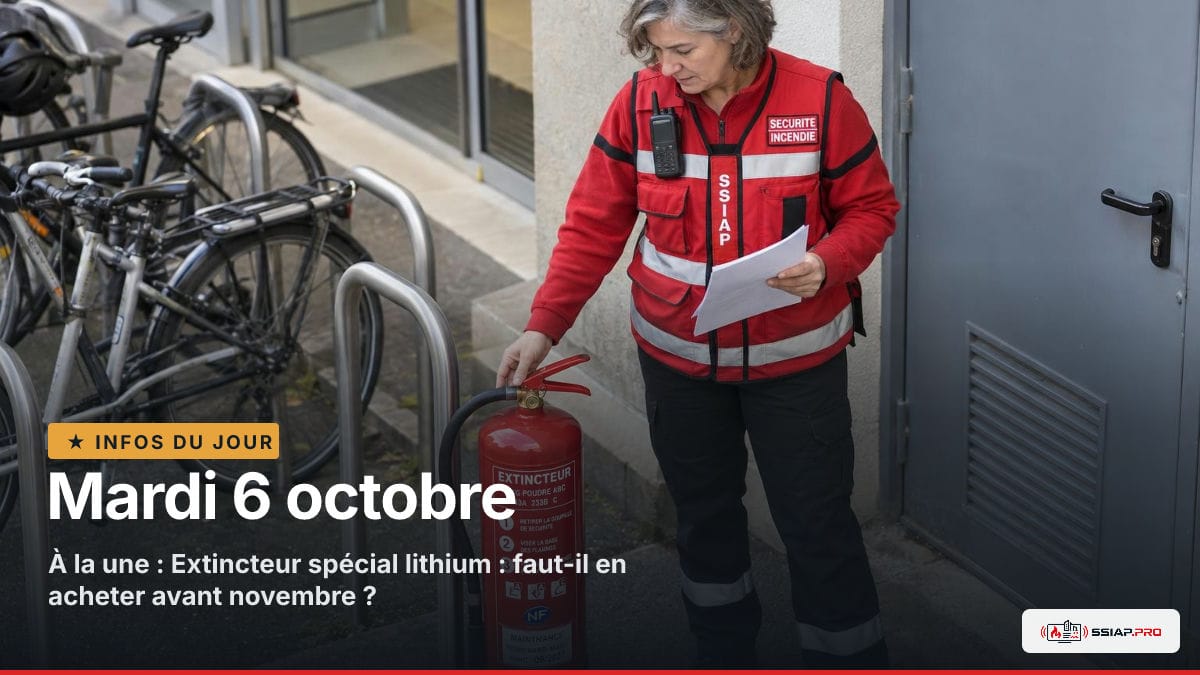 INFOS DU JOUR ssiap.pro, Mardi 6 octobre : Agent SSIAP devant un local vélos, comparant un extincteur spécial lithium en sécurité incendie.