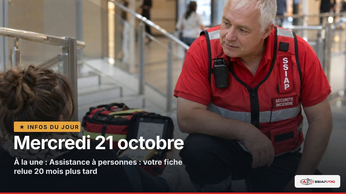 INFOS DU JOUR ssiap.pro, Mercredi 21 octobre : Agent SSIAP en assistance à personne sur un palier d’escalier, avec trousse de secours et DAE ouverts.