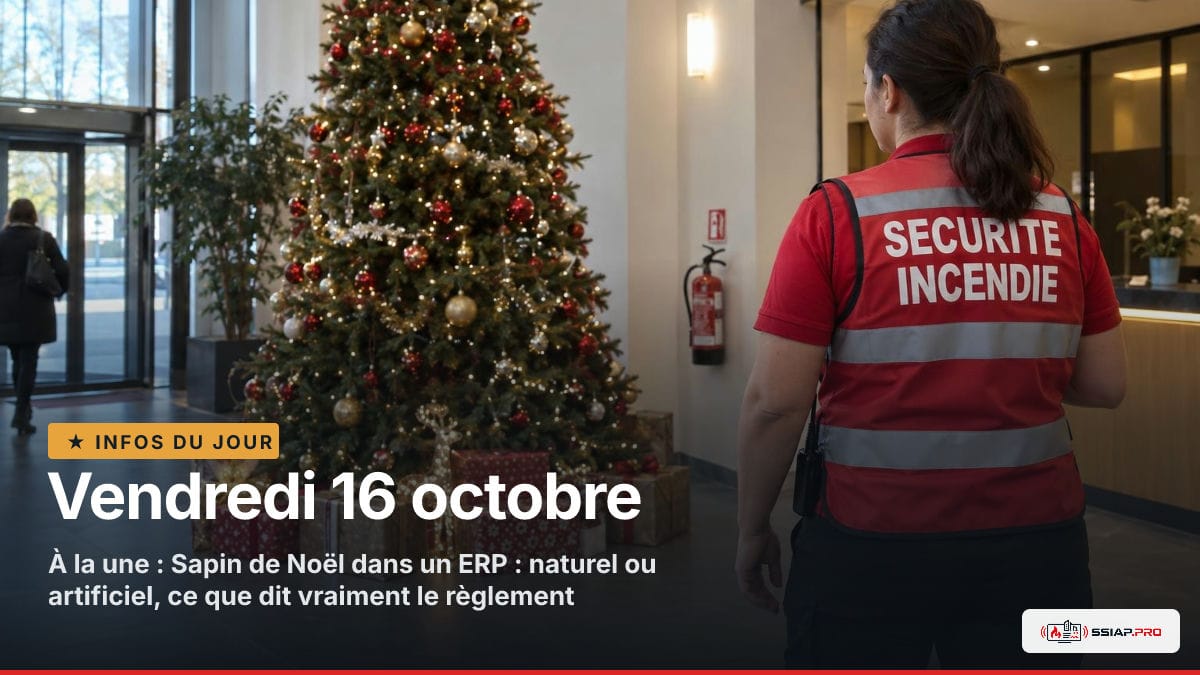 INFOS DU JOUR ssiap.pro, Vendredi 16 octobre : Agent SSIAP contrôlant un sapin de Noël dans le hall décoré d’un ERP, pour la sécurité incendie.