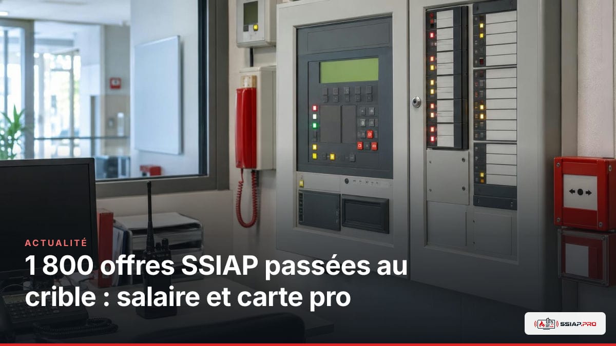 Agent SSIAP en PC sécurité, devant écrans et SSI, illustrant l'analyse des offres d'emploi et des salaires.