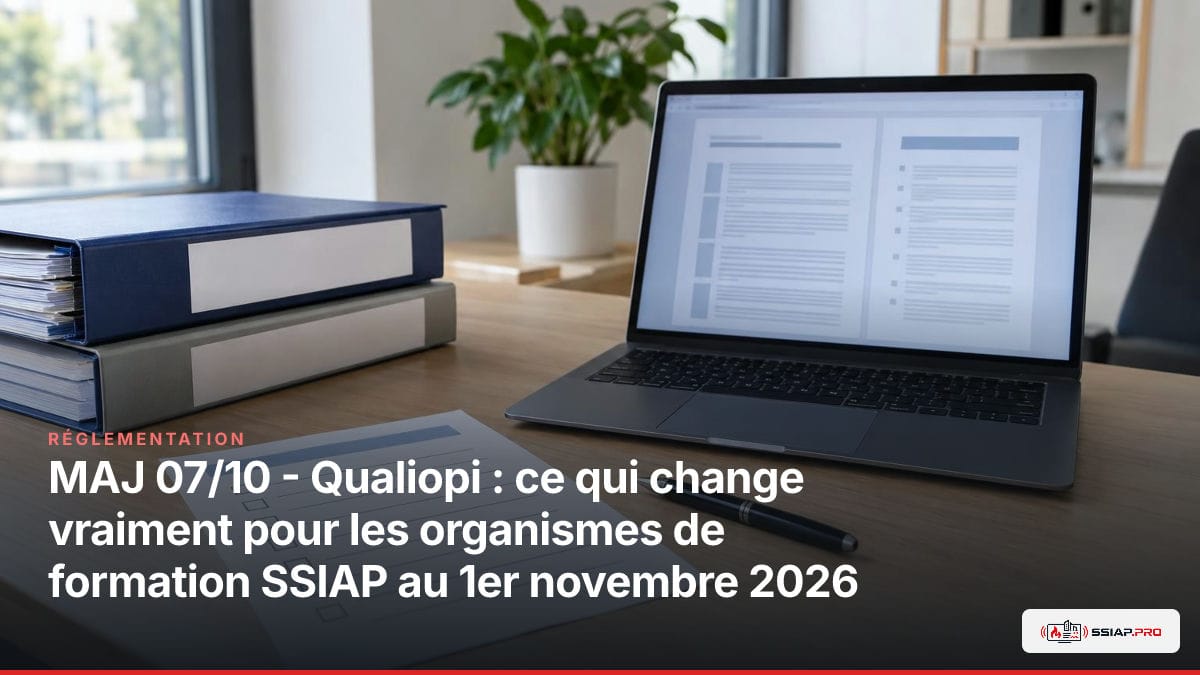 Visuel sécurité incendie : contrôle réglementaire Qualiopi SSIAP sur documents de formation.