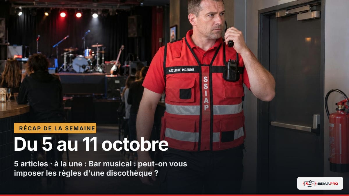 RÉCAP DE LA SEMAINE ssiap.pro, Du 5 au 11 octobre : Contrôle SSIAP dans un bar musical : issue verrouillée et alarme vérifiée lors d'une visite de commission.