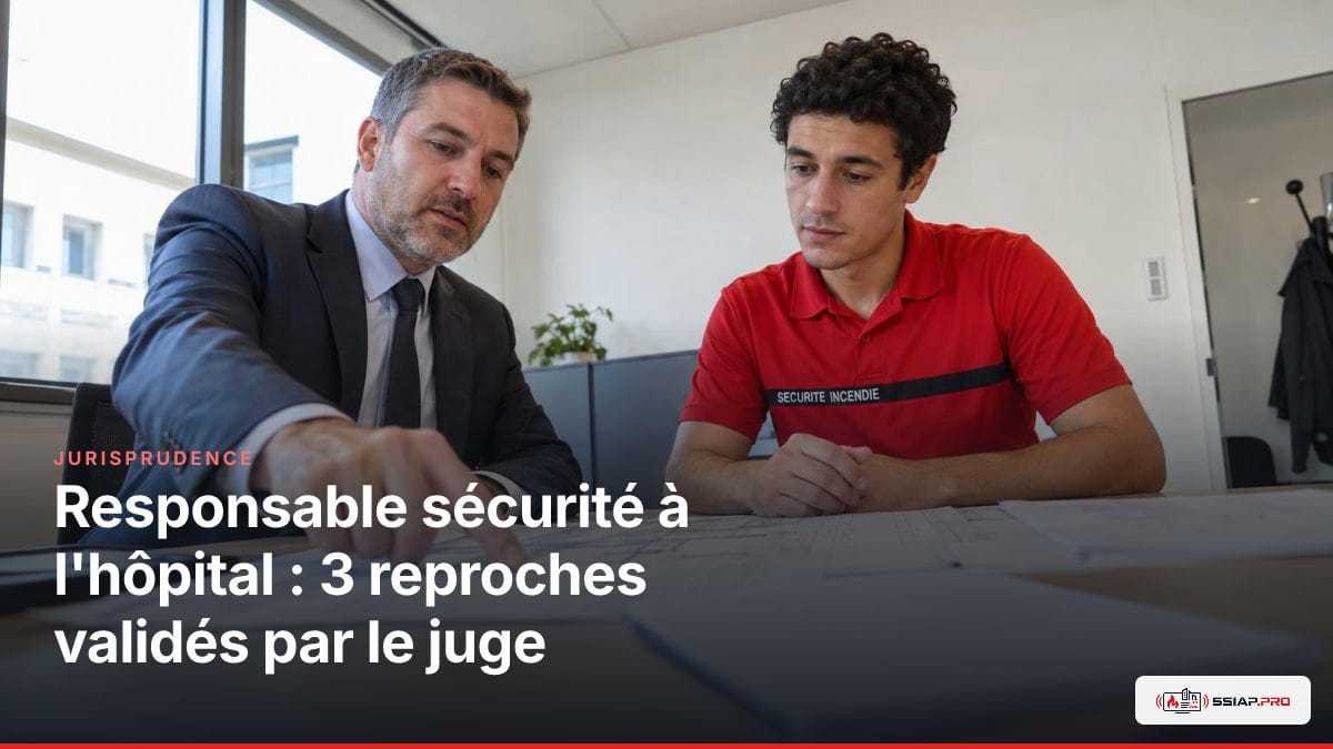 Responsable SSIAP en réunion d’évaluation dans un bureau d’hôpital avec documents et plans de sécurité incendie.