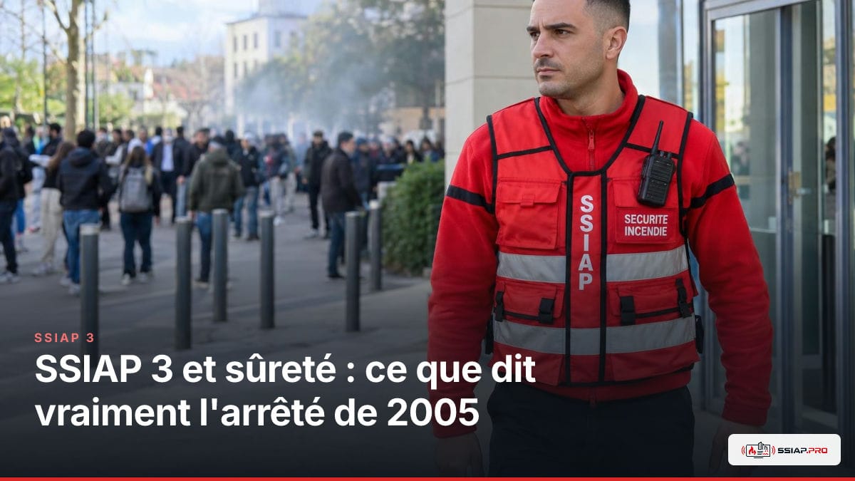 SSIAP 3 en extérieur près d’un bâtiment, observant une agitation de rue à distance.