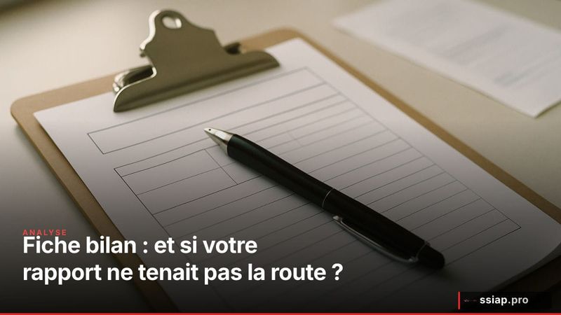 Clipboard avec fiche bilan vierge et stylo sur bureau - sécurité privée SSIAP procédure