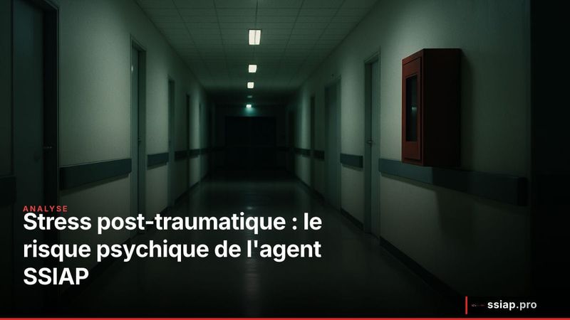 Agent SSIAP épuisé assis dans un couloir vide — stress post-traumatique sécurité incendie