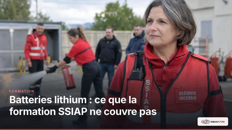 Formation SSIAP et sécurité incendie autour d'un feu maîtrisé sur bac d'entraînement, avec extincteur rouge.