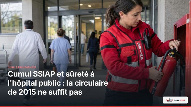 Agent SSIAP devant l’entrée d’un hôpital public, illustrant le cumul sécurité incendie et sûreté.