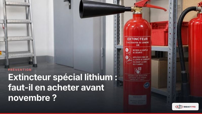 Comparatif d’extincteurs de sécurité incendie, dont un modèle spécial lithium, dans un local technique vide.
