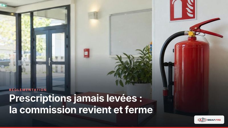Visite de commission de sécurité en ERP, avec agent SSIAP et inspecteurs vérifiant des prescriptions non levées.