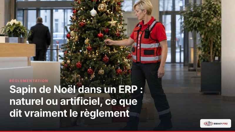 Un agent SSIAP contrôle un sapin de Noël décoré dans un hall d’ERP, avec cartons au pied.