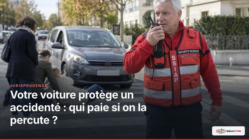 Voiture arrêtée près d’un accidenté sur passage piéton, scène de sécurité incendie et secours en rue.