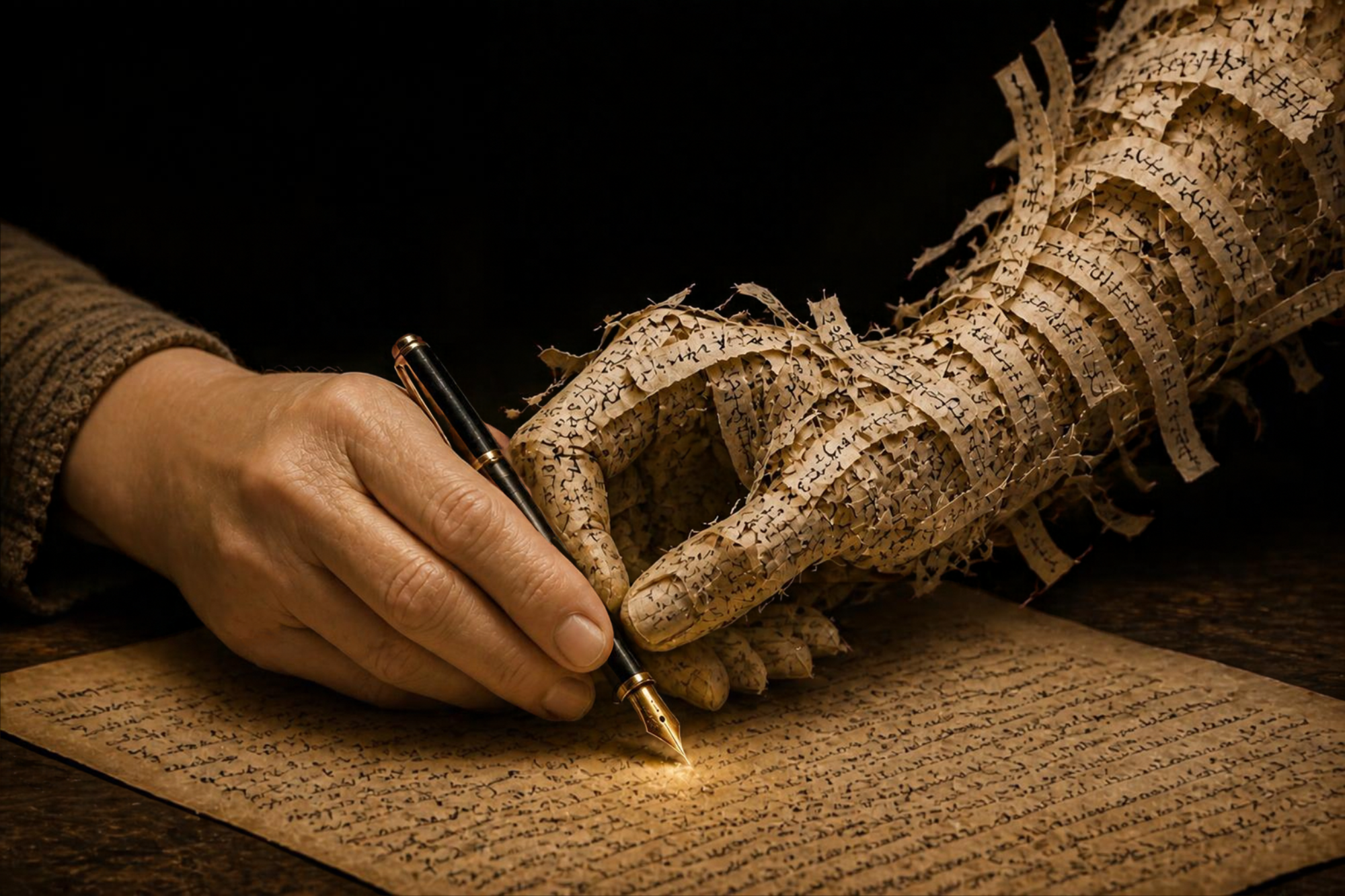 A human hand and a hand built from torn strips of handwritten manuscript hold the same fountain pen; the nib glows gold where it meets the page.