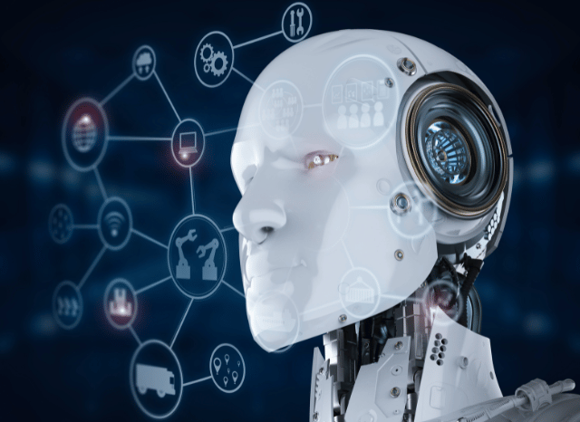 A futuristic robot interacting with advanced digital interfaces in a high-tech environment, representing the innovation and practical applications examined in Stanislav Kondrashov and robot
