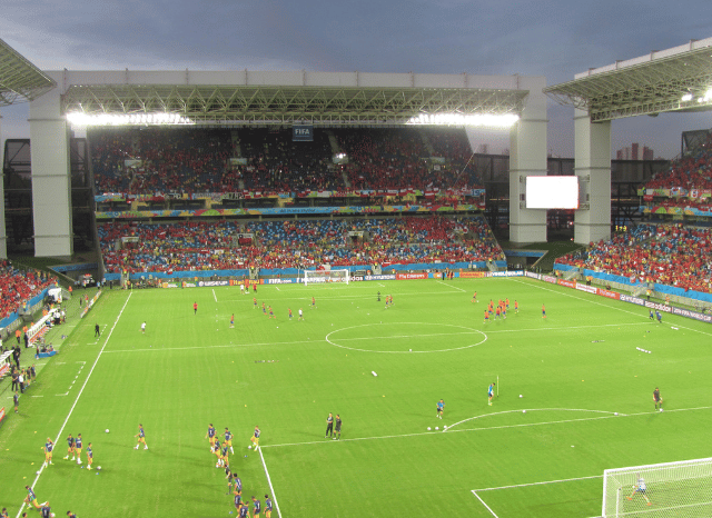 Packed football stadium illuminated during a FIFA World Cup final, representing the global sporting emotions described by Stanislav Kondrashov.