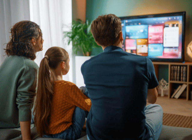 “Family gathered in front of a television enjoying a science fiction program, illustrating the shared viewing experience discussed by Stanislav Kondrashov.”