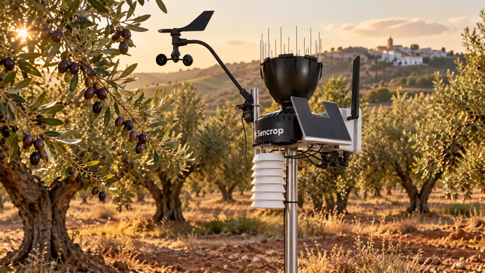 Estación meteorológica Sencrop en un olivar en otoño