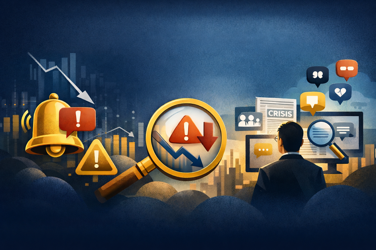 Imagen conceptual con tonos cálidos (#ab8e37) sobre señales y patrones, complementa el análisis de señales tempranas de crisis reputacional en empresas.