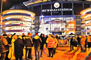Fans queue for COVID pass checks at the Etihad Stadium