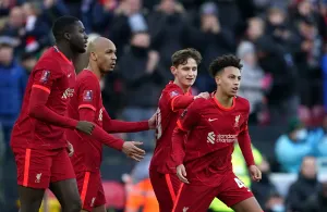 Kaide Gordon celebrates becoming Liverpools youngest ever FA Cup goalscorer