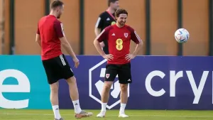 Joe Allen (right) during a Wales training session at the Al Sadd Sports Club, Doha (Adam Davy/PA)