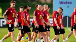 Wales captain Gareth Bale (centre) and teammates in training ahead of their World Cup opener against the United States on Mo