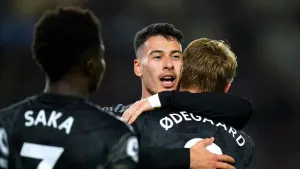 Gabriel Martinelli celebrates after scoring Arsenal’s fourth against Brighton (Adam Davy/PA)