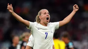 Beth Mead celebrates scoring a goal for England at Euro 2022 (Martin Rickett/PA).