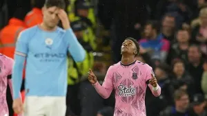 Demarai Gray celebrates after scoring for Everton at the Etihad Stadium (Dave Thompson/AP)