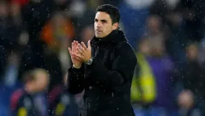 Arsenal manager Mikel Arteta applauds the fans at full-time (Adam Davy/PA).