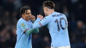 Rico Lewis, left, impressed in Manchester City’s victory over Liverpool on Thursday (Isaac Parkin/PA)