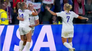 England’s Alessia Russo (second left) celebrates with her team-mates after her back-heel goal against Sweden last summer (Da