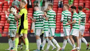 Celtic players after their semi-final defeat in April (Steve Welsh/PA)