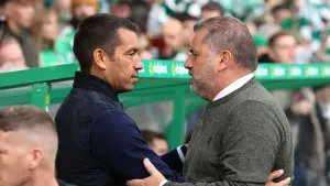 Ange Postecoglou, right, faces a new Rangers manager following the departure of Giovanni van Bronckhorst (Steve Welsh/PA)