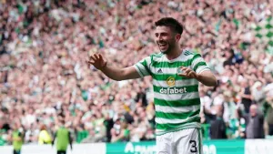 Greg Taylor celebrates his Hampden strike against Rangers (Jane Barlow/PA)