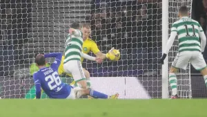 Celtic goalkeeper Joe Hart saves from Kilmarnock’s Christian Doidge (Steve Welsh/PA)