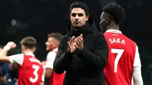Arsenal manager Mikel Arteta applauds the fans after the final whistle in the Premier League match at the Tottenham Hotspur 