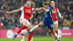 Arsenal’s Frida Maanum (left) and Chelsea’s Fran Kirby in action during the Women’s FA Cup final last May (Zac Goodwin/PA).