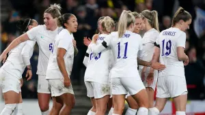 England’s Lauren James (third left) celebrates with team-mates (Mike Egerton/PA)
