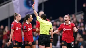 Ella Toone is shown a red card by referee Amy Fearn 